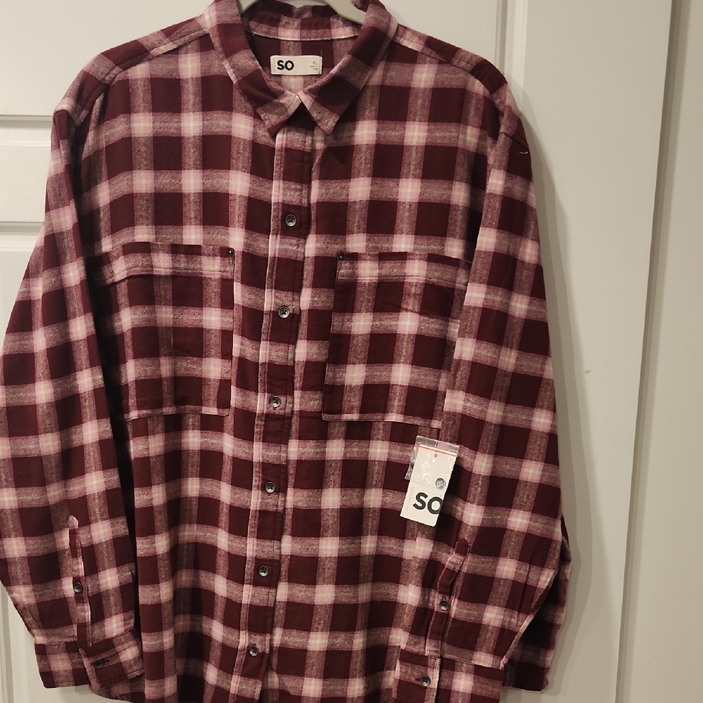 SO Women's Burgundy and White Plaid Button Down Shirt